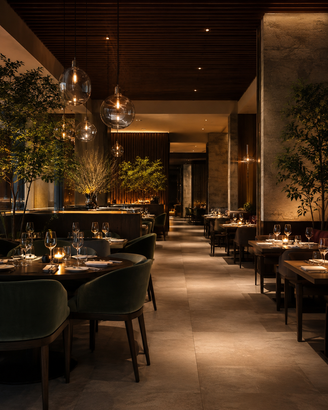 An elegant, warmly lit fine-dining room with beautifully set tables